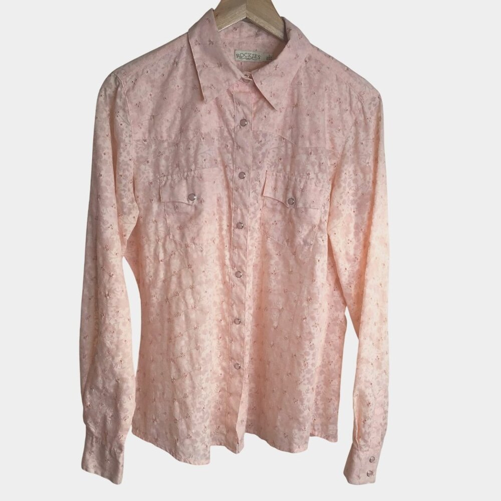 Vintage ROCKIES Coral Floral Pearl Snap Cowgirl Western Boho Statement Shirt L